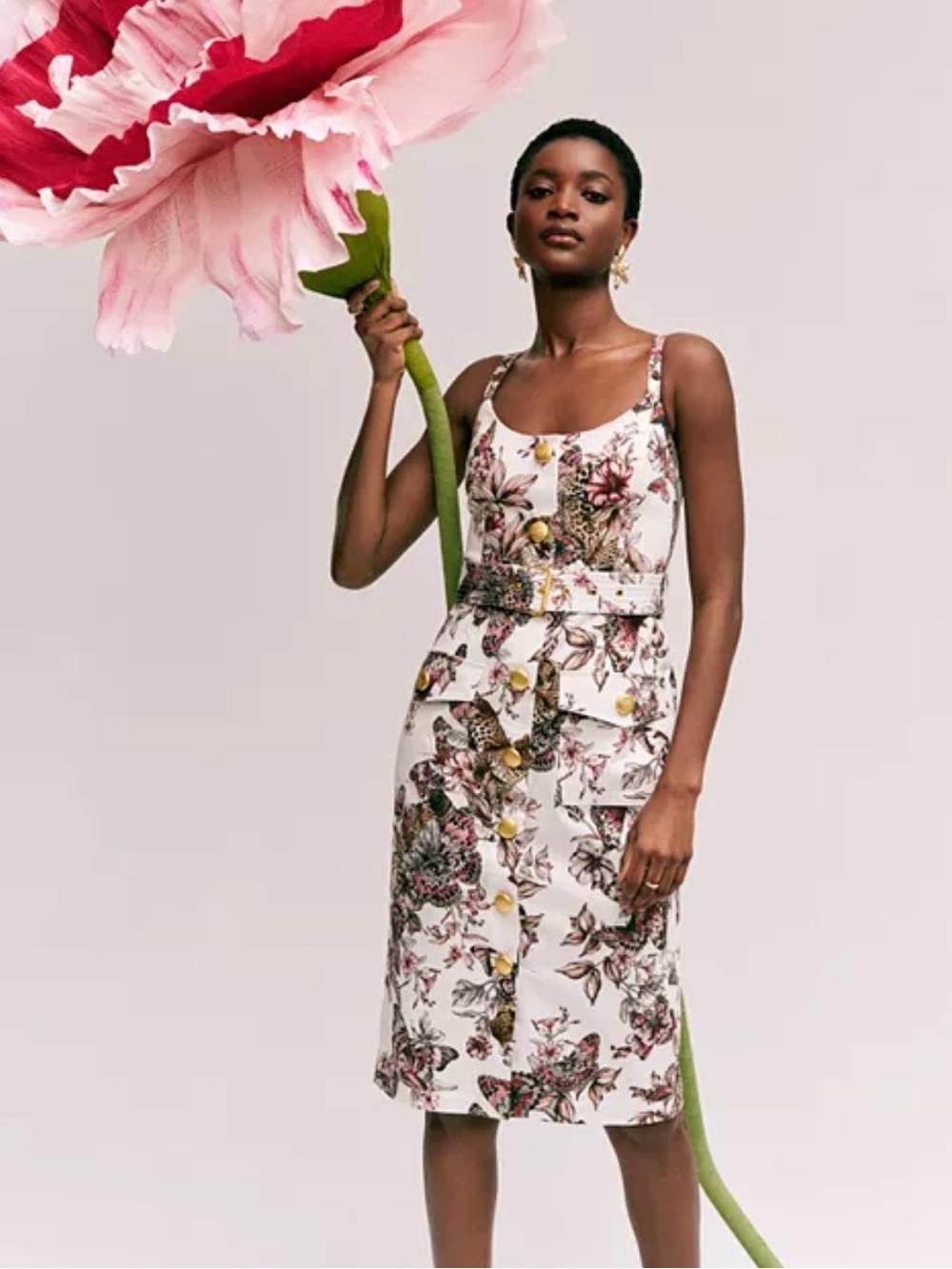 L'AGENCE White Floral Midi Dress